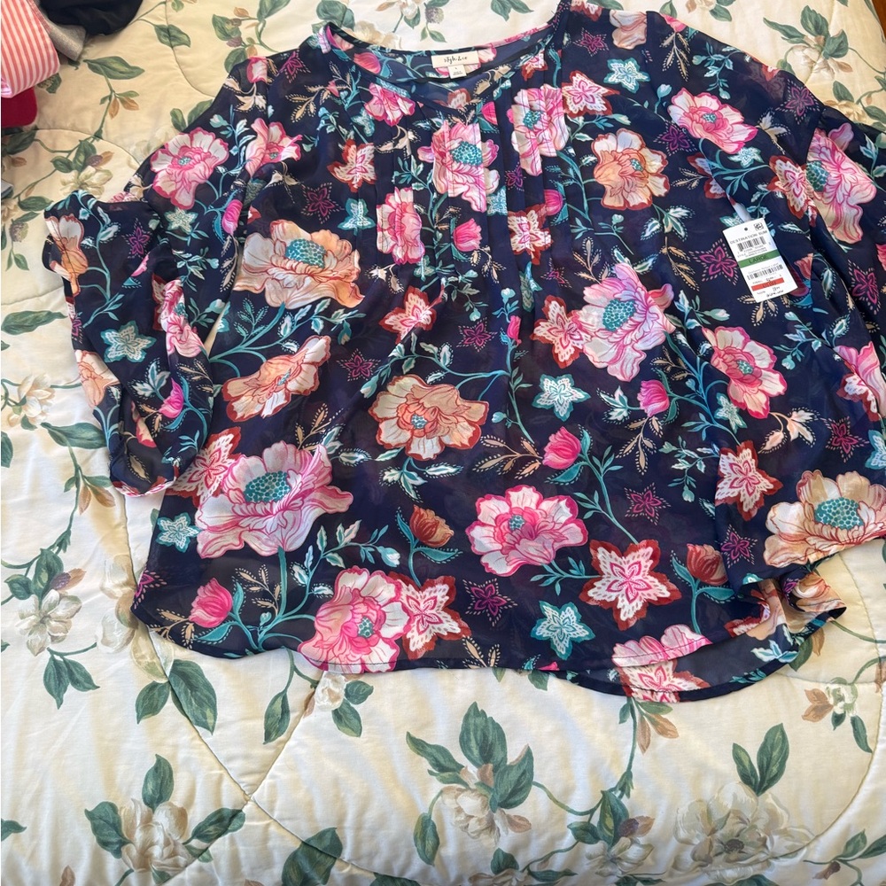 Style & Co. Floral Blouse - Pink and Blue